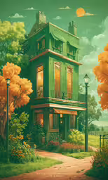 a cartoon house with green balconies next to a tree,the house is green and there are orange flowers outside
