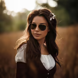 a beautiful young woman wearing sunglasses standing in a field