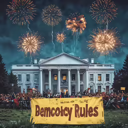 a building with fireworks and a sign in front of it