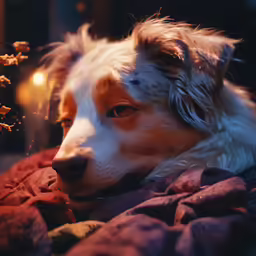 a brown and white dog laying on top of a bed