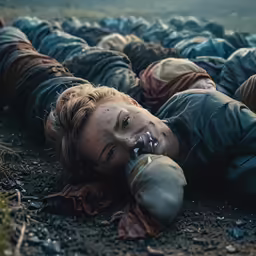 a woman is laying on the ground and a lot of trash