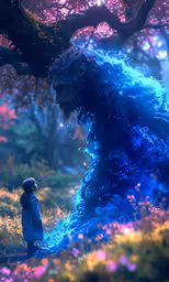 a large monster is walking away from a young girl in a forest