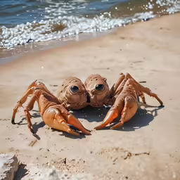there is a crab sitting on the sand by the water