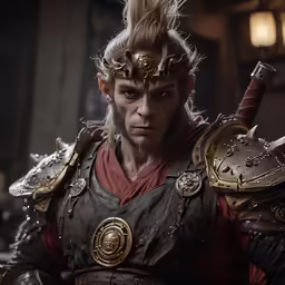 a close up of a person in armor and makeup