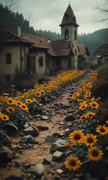 a stone path leads through an abandoned town