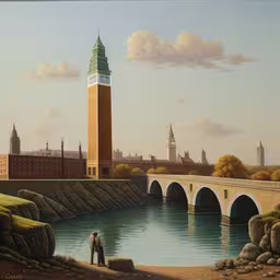 a painting of two men standing near the water,an oil painting on canvas of a man and woman standing in front of a lake