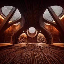 an architectural interior with large circular windows