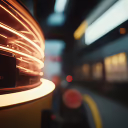 blurred, light streaks light up the ceiling of an airport