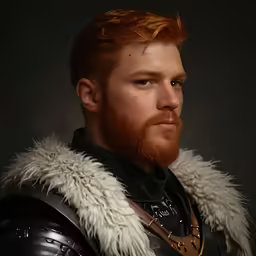 a man in a medieval outfit, wearing leather and fur collar