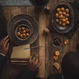 person looking at a paper on a table with many small food items