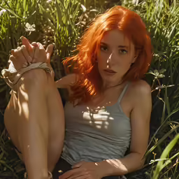 an image of a woman with red hair laying on the grass