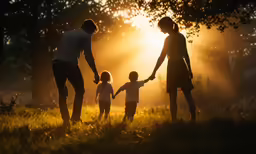 a man, woman and child are standing in the grass