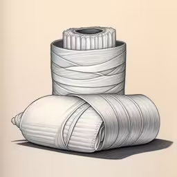 two stacks of paper with two white objects,a drawing of rolled up pieces of cloth