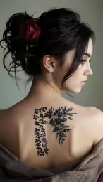 a woman wearing a tattoo with a flower on her shoulder