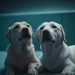 two dogs looking into the camera with their faces tilted to the side