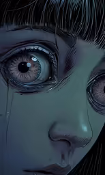 the girl has blue eyes and is staring into the distance