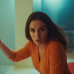 a woman looks in the mirror as she plays with her hair