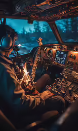 a man sits inside a plane cockpit at night