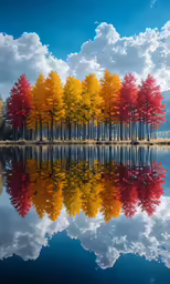 a landscape photo of colorful trees reflected in the water