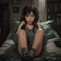 a pretty woman sitting on top of a bed wearing headphones