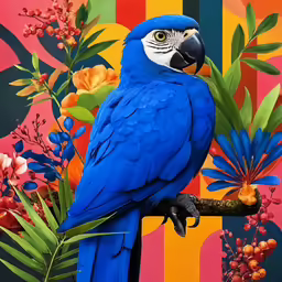 the blue bird has a colorful background with orange flowers and tropical leaves