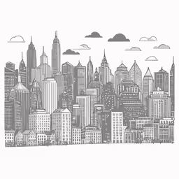 a city skyline drawing is shown with clouds in the sky