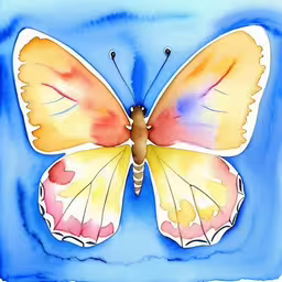 an artistically painted butterfly is shown in this painting,a painting of a butterfly on a blue background,the painting shows a yellow and red butterfly,a painting of a butterfly on a blue background,an illustration of a colorful butterfly on a blue background
