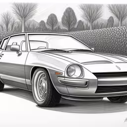 a drawing of a chevrolet camaro by hand,a drawing of an old race car by the side of the road