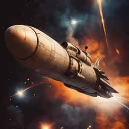 a space ship flying through a dark sky