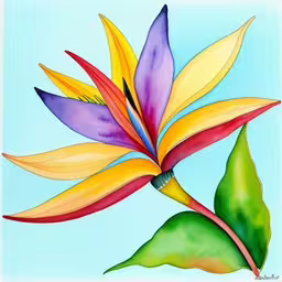 this colorful flower is shown on a blue background,a painting of a bird of paradise flower with green leaves