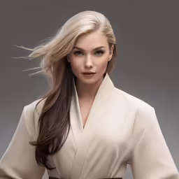a woman with long hair and a brown belt