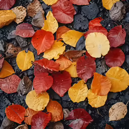several different colored leaves on a wet surface