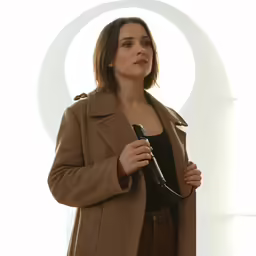 a woman in brown jacket standing and holding a black umbrella