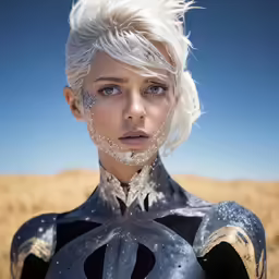 a woman with white hair and glitter painted on her face