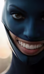 woman wearing a blue and black cat suit and white teeth