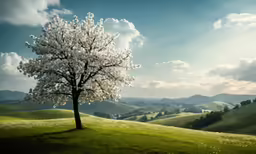 there is a tree that is in the grass