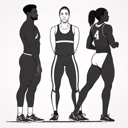 three people stand next to each other in athletic wear,a line drawing of three female athletes, one wearing an athletic top,three black people standing in different positions to form the shape of their body,a black and white graphic of three people wearing sports gear,black and white poster of three females standing side by side