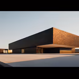 the building is made of wood in the middle of an empty lot