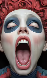 a creepy doll with an open mouth and white face