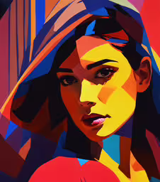 an abstract portrait painting of a woman,the woman is dressed in a red shirt