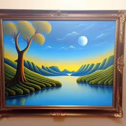a painting of a lake surrounded by green hills,a painting of a lake, trees, and mountains is in the corner,a painting depicting a large lake with trees near a mountain range,a painting hangs on the wall near a wall,a painting of a beautiful lake and tree