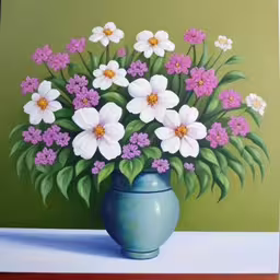 a painting of flowers in a vase on a table,painting of flowers in blue vase against a green wall
