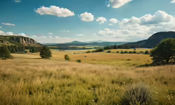 an open field with trees on both sides