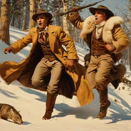 two men are wearing costumes and hats while holding weapons in a snowy forest,two men dressed in period costumes on a snowy surface
