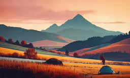 a tent in a grassy plain with mountains in the background,a camp site in the middle of a mountain with mountains in the background