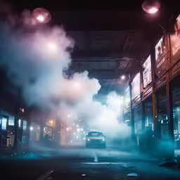 a car driving down a street with lots of smoke