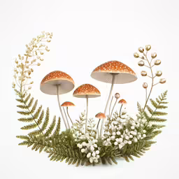 four mushrooms and foliage on white background