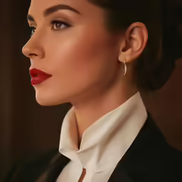 a woman with dark hair and red lipstick
