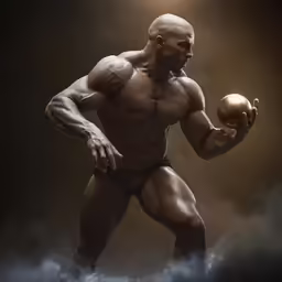 there is a male muscleed man holding a gold ball