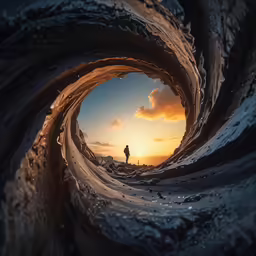 a person standing in a barrel shaped hole